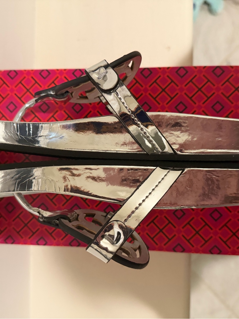 Tory Burch Metallic Silver Logo Thong Sandals - Picture 2 of 9